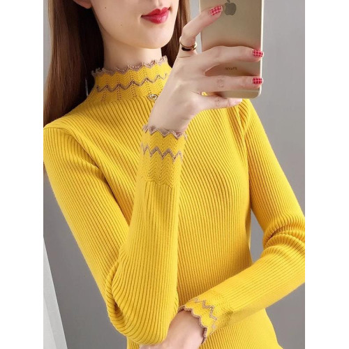 品質木耳邊半高領拼色針織毛衣女2025秋冬新款修身洋氣內搭打底衫