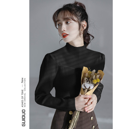 半高領毛衣女冬泡泡袖設計感小衆2025秋冬新款洋氣修身內搭打底衫