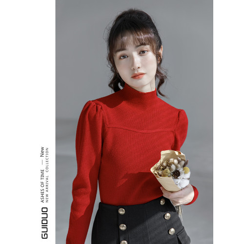 半高領毛衣女冬泡泡袖設計感小衆2025秋冬新款洋氣修身內搭打底衫