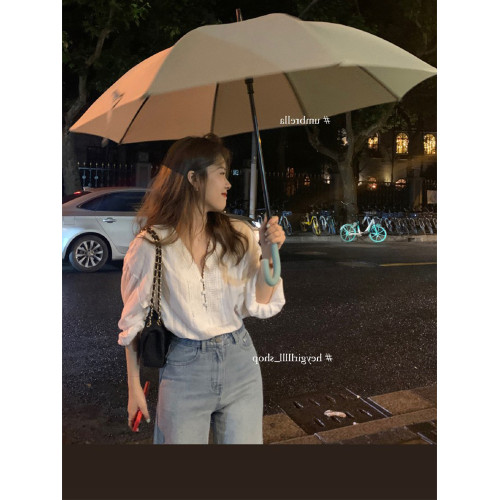 法式寬松V領蕾絲打底襯衫女秋季防曬洋氣減齡款小衫顯瘦上衣白色