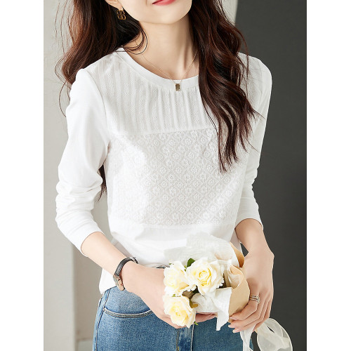 肌理感蕾絲拼接法式上衣長袖春秋新款設計感小衆打底內搭t恤外穿