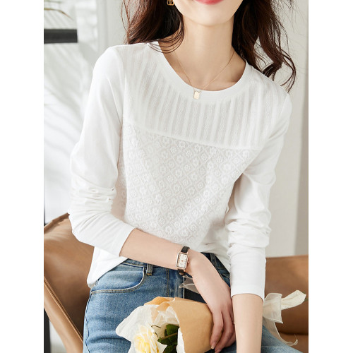 肌理感蕾絲拼接法式上衣長袖春秋新款設計感小衆打底內搭t恤外穿