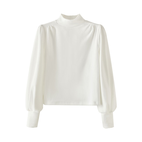 法式半高領泡泡長袖t恤女秋冬新款簡約白色修身德絨保暖打底衫ins