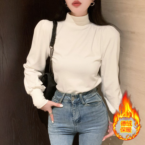 法式半高領泡泡長袖t恤女秋冬新款簡約白色修身德絨保暖打底衫ins