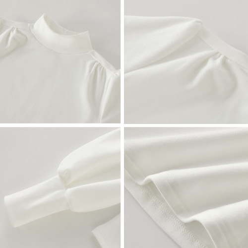 法式半高領泡泡長袖t恤女秋冬新款簡約白色修身德絨保暖打底衫ins