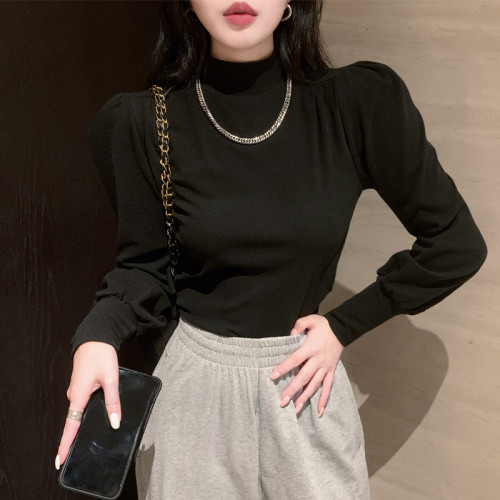 法式半高領泡泡長袖t恤女秋冬新款簡約白色修身德絨保暖打底衫ins