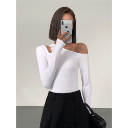 黑色斜肩打底衫女秋冬季長袖修身內搭性感露肩鎖骨挖肩設計款上衣