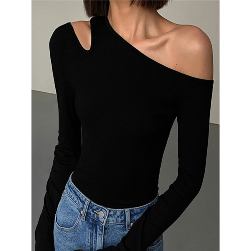 黑色斜肩打底衫女秋冬季長袖修身內搭性感露肩鎖骨挖肩設計款上衣