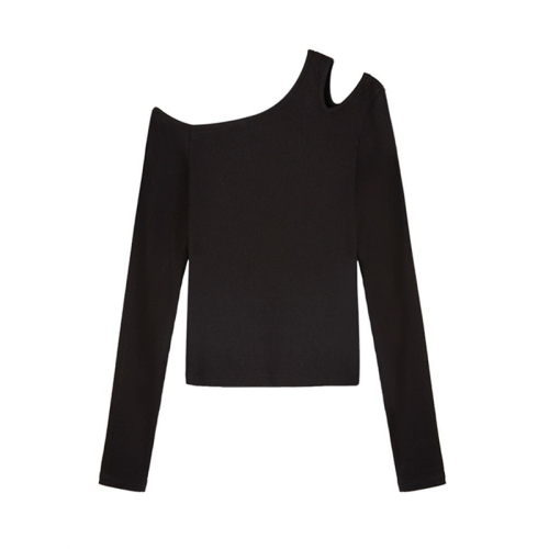 黑色斜肩打底衫女秋冬季長袖修身內搭性感露肩鎖骨挖肩設計款上衣