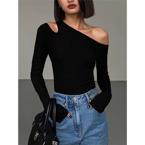 黑色斜肩打底衫女秋冬季長袖修身內搭性感露肩鎖骨挖肩設計款上衣