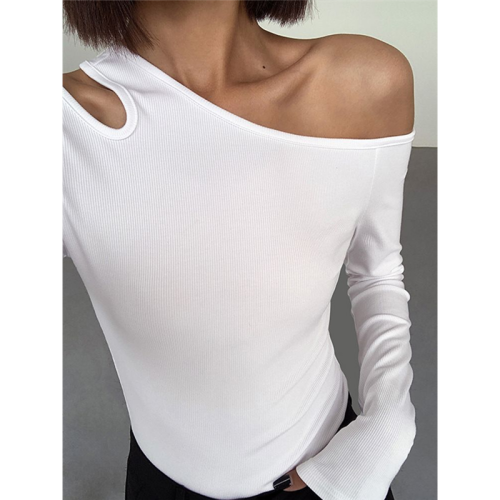 黑色斜肩打底衫女秋冬季長袖修身內搭性感露肩鎖骨挖肩設計款上衣