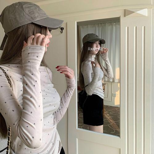 辣妹高領波點打底衫女內搭2025早春新款韓版修身曡穿長袖t恤女ins