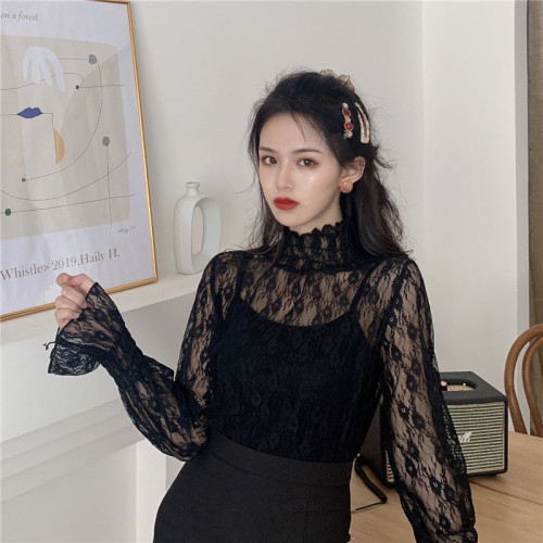 半高領蕾絲打底衫女秋冬季2025新款高級洋氣薄款內搭長袖網紗上衣
