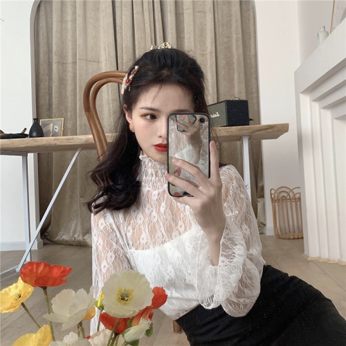 半高領蕾絲打底衫女秋冬季2025新款高級洋氣薄款內搭長袖網紗上衣