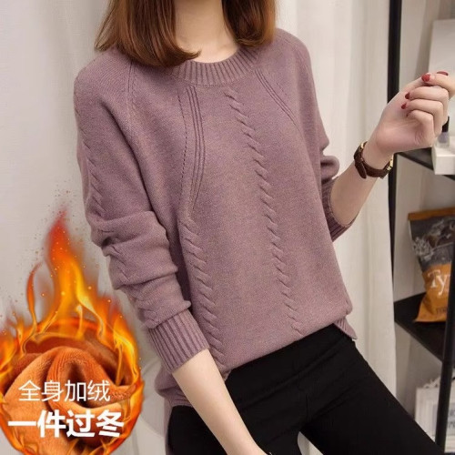加絨加厚毛衣女2025春秋冬季韓版圓領寬松麻花套頭純色針織衫上衣 加絨加厚毛衣女2025春秋冬季韓版圓領寬松麻花套頭純色針織衫上衣