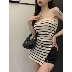 法式氣質茶藝甜辣妹條紋抹胸背心女內搭一字肩不規則開叉無袖上衣