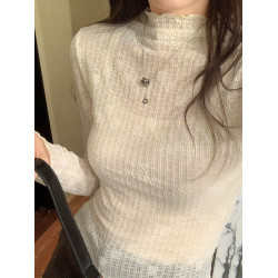 2025新款小香風蕾絲半高領打底衫女春秋法式溫柔洋氣內搭上衣曡穿