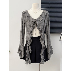 甜辣妹系帶不規則荷葉邊長袖罩衫女春秋新款設計感別致小衆上衣服