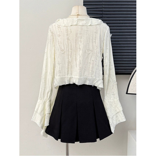 甜辣妹系帶不規則荷葉邊長袖罩衫女春秋新款設計感別致小衆上衣服