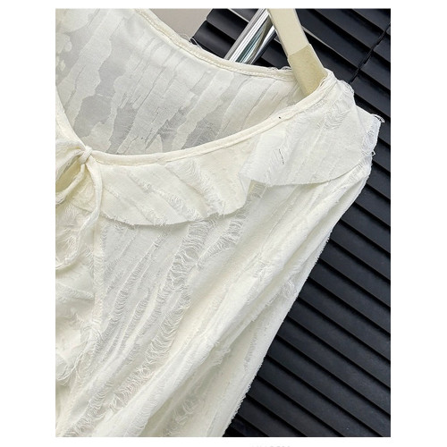 甜辣妹系帶不規則荷葉邊長袖罩衫女春秋新款設計感別致小衆上衣服