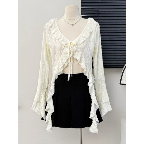 甜辣妹系帶不規則荷葉邊長袖罩衫女春秋新款設計感別致小衆上衣服