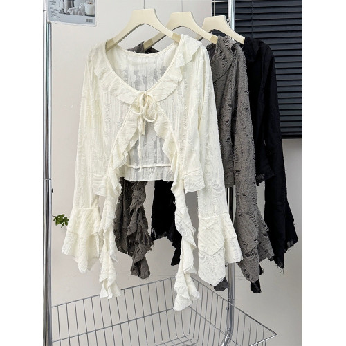 甜辣妹系帶不規則荷葉邊長袖罩衫女春秋新款設計感別致小衆上衣服