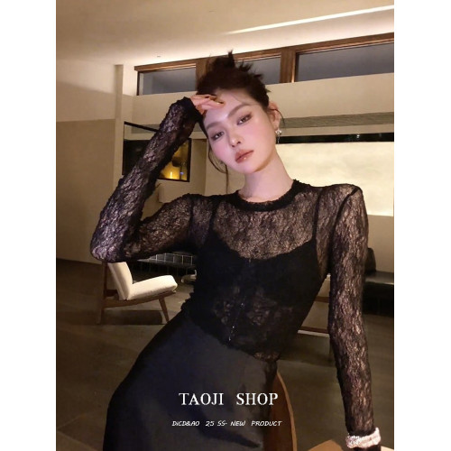 法式復古蕾絲性感長袖T恤女春夏新款設計感小衆時尚氣質顯瘦上衣