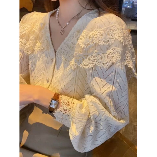 大碼女裝蕾絲襯衫胖mm遮肚顯瘦春秋超仙甜美氣質百搭長袖別致上衣