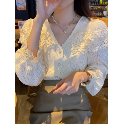 大碼女裝蕾絲襯衫胖mm遮肚顯瘦春秋超仙甜美氣質百搭長袖別致上衣