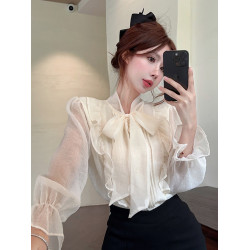 雪紡衫法式修身荷葉邊長袖襯衫別致獨特上衣女士秋季新款漂亮小衫