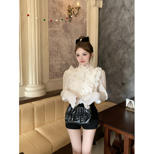 小香風荷葉邊襯衫女秋冬純欲法式喇叭袖百褶上衣半高領打底衫內搭