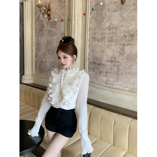 小香風荷葉邊襯衫女秋冬純欲法式喇叭袖百褶上衣半高領打底衫內搭