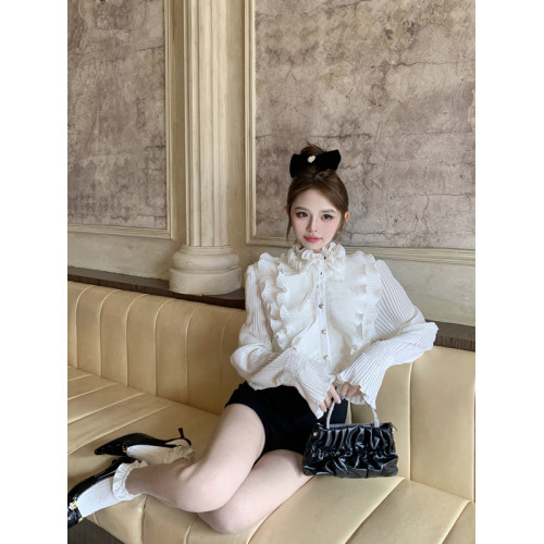 小香風荷葉邊襯衫女秋冬純欲法式喇叭袖百褶上衣半高領打底衫內搭