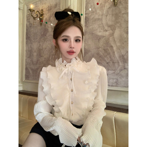 小香風荷葉邊襯衫女秋冬純欲法式喇叭袖百褶上衣半高領打底衫內搭