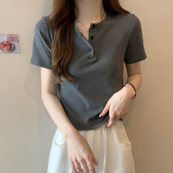 基礎款紐釦短袖t恤女小個子ins潮夏季新款韓版修身半袖高腰上衣短