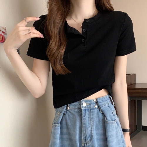 基礎款紐釦短袖t恤女小個子ins潮夏季新款韓版修身半袖高腰上衣短