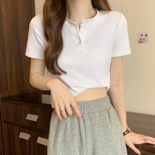 基礎款紐釦短袖t恤女小個子ins潮夏季新款韓版修身半袖高腰上衣短