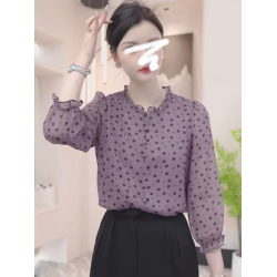 高檔雪紡波點襯衫女2025春夏新款寬松顯瘦輕薄時尚七分袖圓領上衣