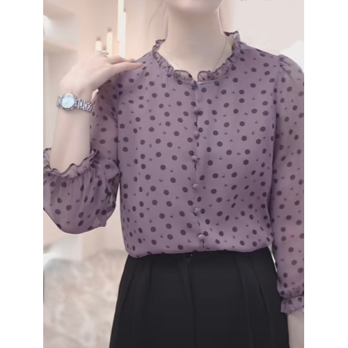 高檔雪紡波點襯衫女2025春夏新款寬松顯瘦輕薄時尚七分袖圓領上衣