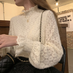 大碼胖MM半高領蕾絲衫女秋冬新款氣質鏤空磨毛內搭加絨加厚打底衫