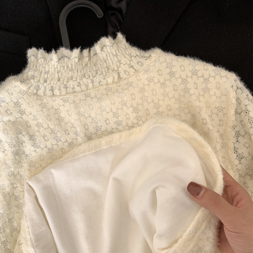 大碼胖MM半高領蕾絲衫女秋冬新款氣質鏤空磨毛內搭加絨加厚打底衫