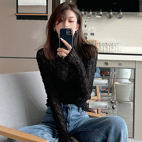 大碼胖妹妹高領網紗內搭打底衫女春秋冬新款加絨蕾絲性感長袖上衣