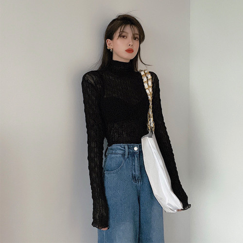 大碼胖妹妹高領網紗內搭打底衫女春秋冬新款加絨蕾絲性感長袖上衣