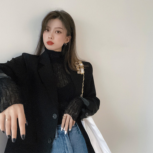 大碼胖妹妹高領網紗內搭打底衫女春秋冬新款加絨蕾絲性感長袖上衣