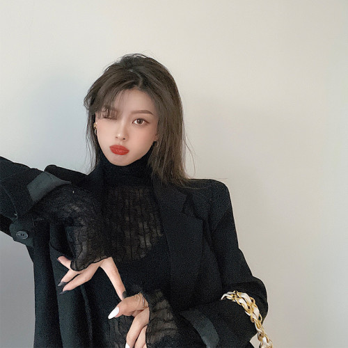 大碼胖妹妹高領網紗內搭打底衫女春秋冬新款加絨蕾絲性感長袖上衣