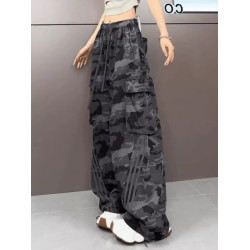 美式條紋迷彩運動工裝褲女2025秋季新款休閒寬松顯瘦直筒濶腿褲潮