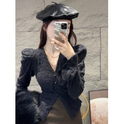 2024冬短款純欲V領長袖T恤泡泡袖鏤空修身顯瘦加厚蕾絲磨毛上衣女