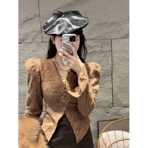 2024冬短款純欲V領長袖T恤泡泡袖鏤空修身顯瘦加厚蕾絲磨毛上衣女