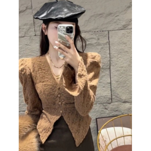 2024冬短款純欲V領長袖T恤泡泡袖鏤空修身顯瘦加厚蕾絲磨毛上衣女