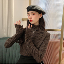 大碼胖妹妹洋氣立領褶皺長袖女秋冬新款顯瘦內搭打底上衣蕾絲小衫